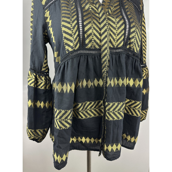 Kasia Blouse Black & Gold Balloon Sleeve Boho Geometric Babydoll Top Size Small - Picture 11 of 13